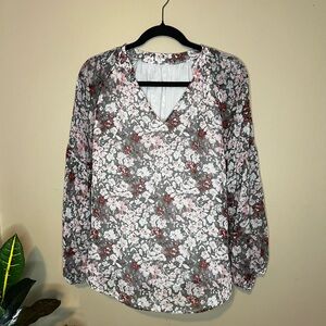 Floral V-Neck Blouse - Gray and Pink